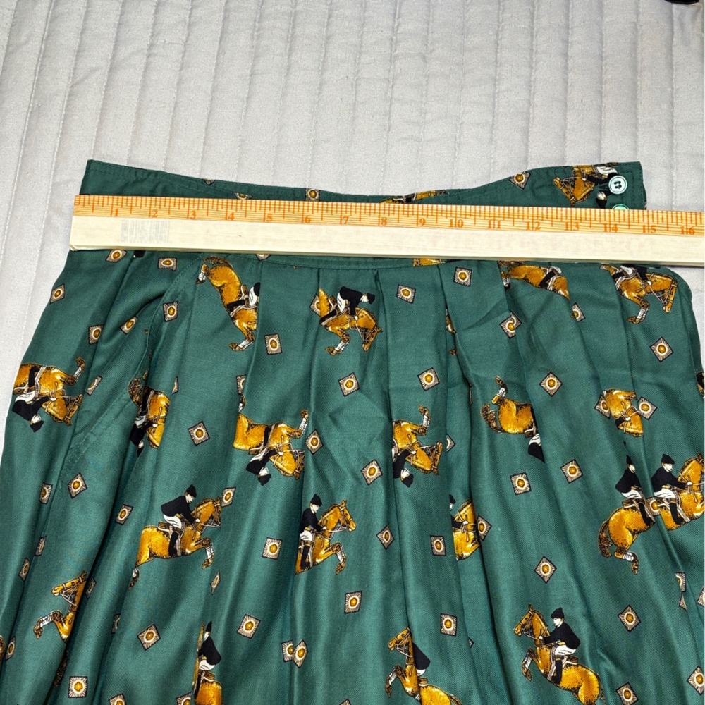 VTG 90s Chaus Green Equestrian Horse Print Pleated Midi Skirt Made in Japan EUC - Picture 8 of 10